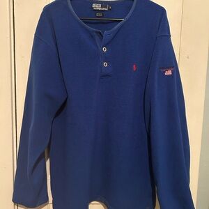 Polo Sport Ralph Lauren Blue Fleece Henley Sweatshirt Embroidered US flag Men L